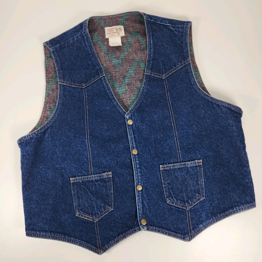 Saddle King Western Vintage Mens 2XLR‎ Denim Vest Insulated Lining Made in USA